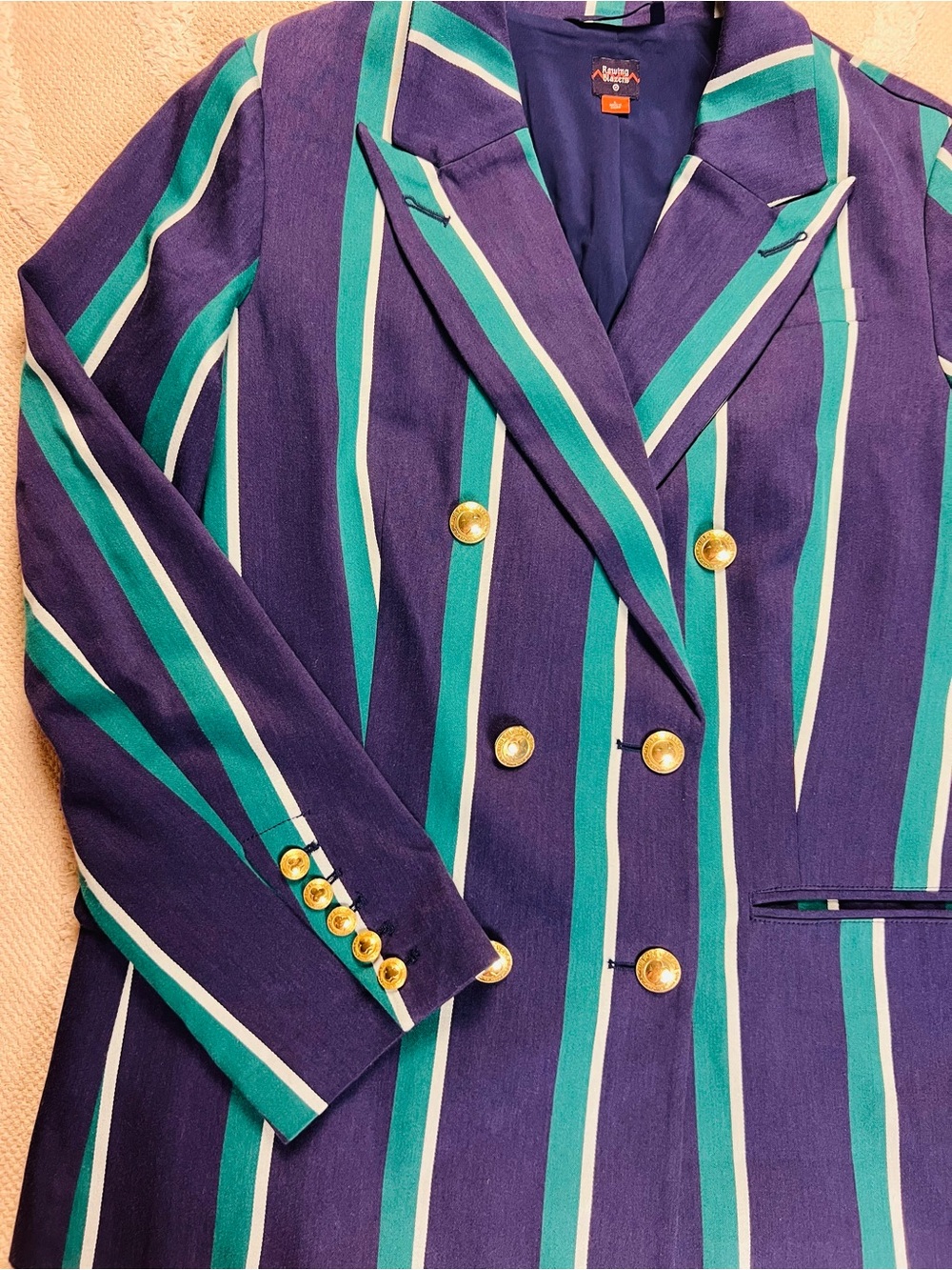 Rowing Blazers x Target Striped Double-Breasted Blazer – Navy, Teal & White – L - Picture 9 of 15